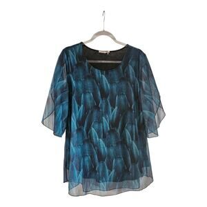 Sese Code Blouse XL Bluish Green Leaf Pattern Mesh Overlay Short Slit Sleeves
